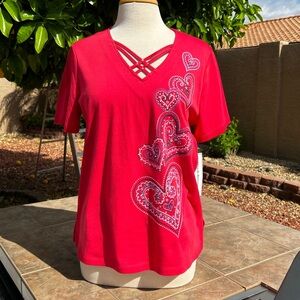 Alfred Dunner Red Heart V-Neck Top NWT Medium
